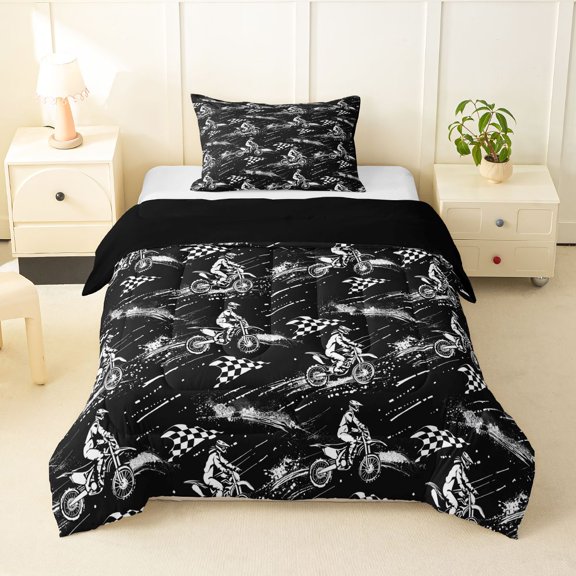 Manfei Racing Motocross Twin Comforter Sets,Grid Print Bedding Set,Black,Black Reversible,2pcs,1 Comforter and 1 Pillowcase
