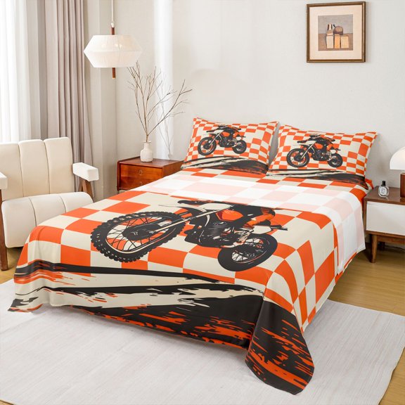 Manfei Racing Motorcycle Bed Sheets,Orange Checkered Print Full Size Sheets,4pcs,1 Flat Sheet, 1 Fitted Sheet and 2 Pillowcases