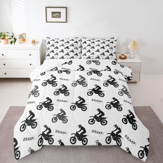 Manfei Racing Motorcycle Queen Comforter Set,Extreme Speed Games Comforter Sets Queen,White,Reversible,3 Pieces,1 Comforter and 2 Pillowcases
