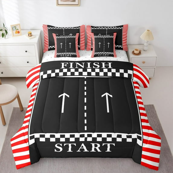 Manfei Racing Track Bedding Comforter Set 7-Piece,Sports Car King Bedding Sets,Red Black White Bed Sheets For Boys Kids,Super Cozy Room Decor
