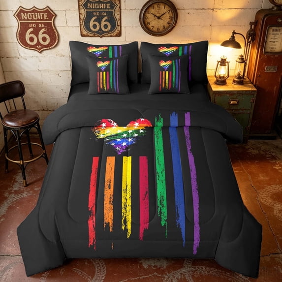 Manfei Rainbow American Flag Full Size Bedding Sets, Grunge Stripe Full Size Bed in a Bag, Multicolor, Black Reversible 7 Pieces
