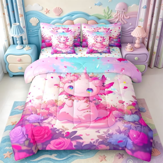 Manfei Rainbow Axolotl 7-Piece King Bedding,Kawaii Ocean Animal King Bed in a Bag,Colorful Stars Reversible