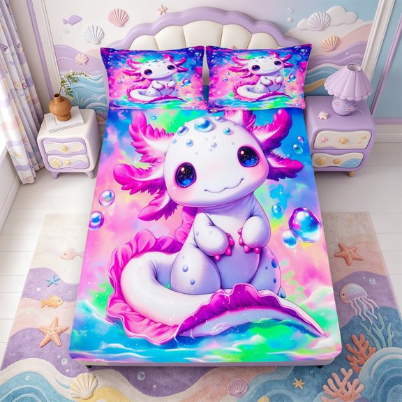 Manfei Rainbow Axolotl Fitted Sheet Full,Cartoon Animals Print Bed Set,3-Piece,1 Fitted Sheet and 2 Pillowcases