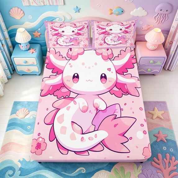 Manfei Rainbow Axolotl Fitted Sheet Full,Colorful Salamander Bed Set,3pcs,1 Fitted Sheet and 2 Pillowcases