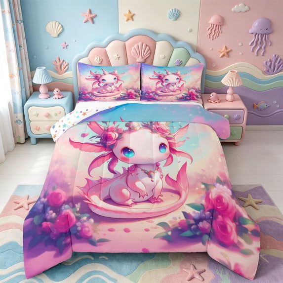 Manfei Rainbow Axolotl Full Size Comforter Sets,Animals Print Bedding Comforter Set,Colorful Stars Reversible,3pcs,1 Comforter and 2 Pillowcases