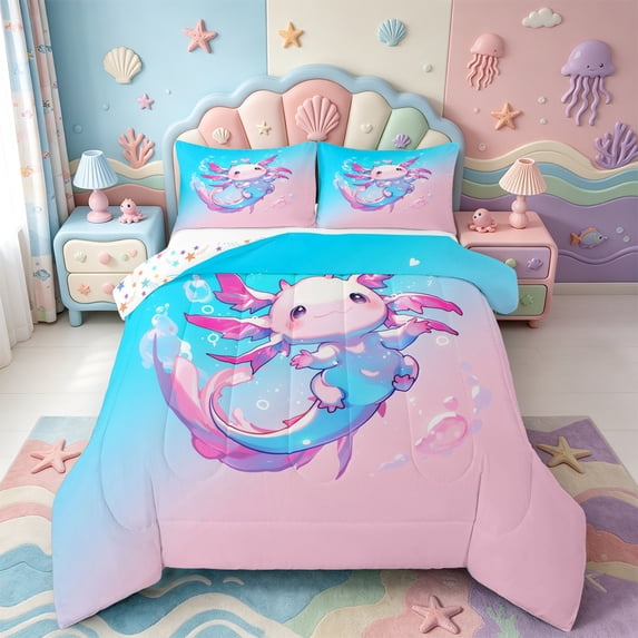 Manfei Rainbow Axolotl Full Size Comforter Sets,Watercolor Ocean Animal Bedding Comforter Set,Colorful Stars Reversible,3pcs,1 Comforter and 2 Pillowcases
