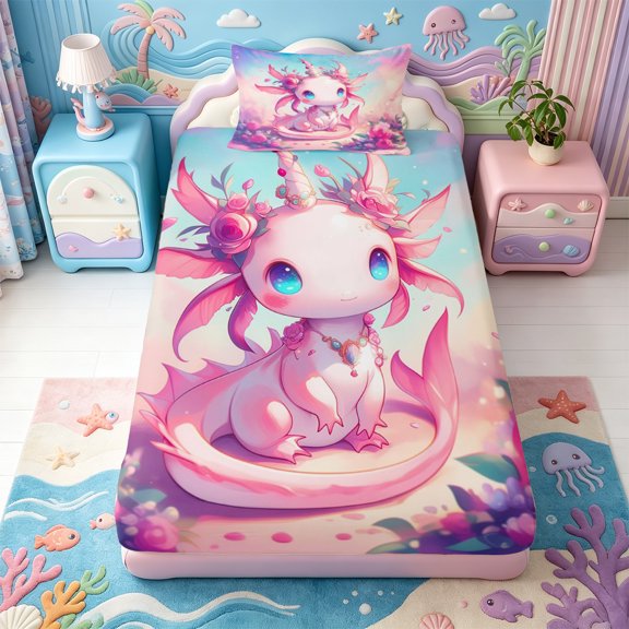 Manfei Rainbow Axolotl Twin Fitted Sheet,Animals Print Bedding,2 Pieces,1 Fitted Sheet and 1 Pillowcase