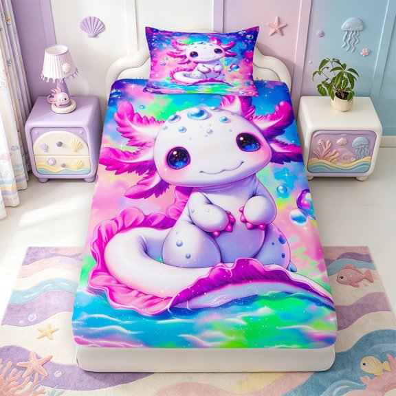 Manfei Rainbow Axolotl Twin Fitted Sheet,Cartoon Animals Print Bedding,2pcs,1 Fitted Sheet and 1 Pillowcase