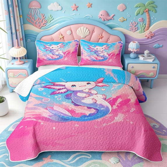 Manfei Rainbow Axolotl Twin Quilt Set,Ocean Animal Twin Coverlet Set,2 Pieces,1 Bedspread and 1 Pillowcase