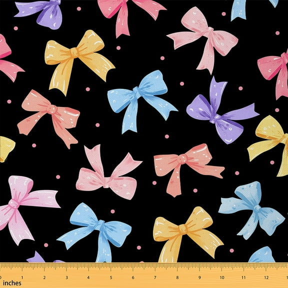 Manfei Rainbow Bowknot Sewing & Crafting Fabric (1 Yard) for Girls, Colorful Ribbon Home Decor Fabric by the Yard, Cute Bow-Tie DIY Fabric
