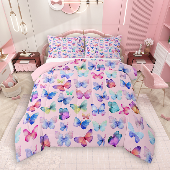 Manfei Rainbow Butterfly Full Size Comforter Sets 3-Piece, Cute Wildlife Bedding Comforter Set, Cartoon Animal Theme Bedding Sets, Microfiber Bedroom Decor