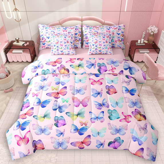 Manfei Rainbow Butterfly Twin Bedding Sets 7pcs, Cute Wildlife Bedding Comforter Set, Cartoon Animal Theme Sheet Sets, Microfiber Bedroom Decor