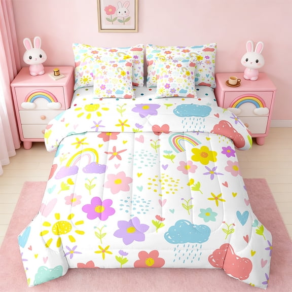 Manfei Rainbow Cartoon Floral Twin Bedding Sets 7-Piece,Colorful Clouds Hearts Bedding Comforter Set,Fairy Tale Princess Sheet Sets For Girl,Super Cozy Room Decor,Reversible