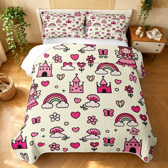 Manfei Rainbow Castle Quilt Full, Cute Buttefly Flower Full Bedspread Sets, Cream Pink, 3pcs, 1 Coverlet and 2 Pillowcases
