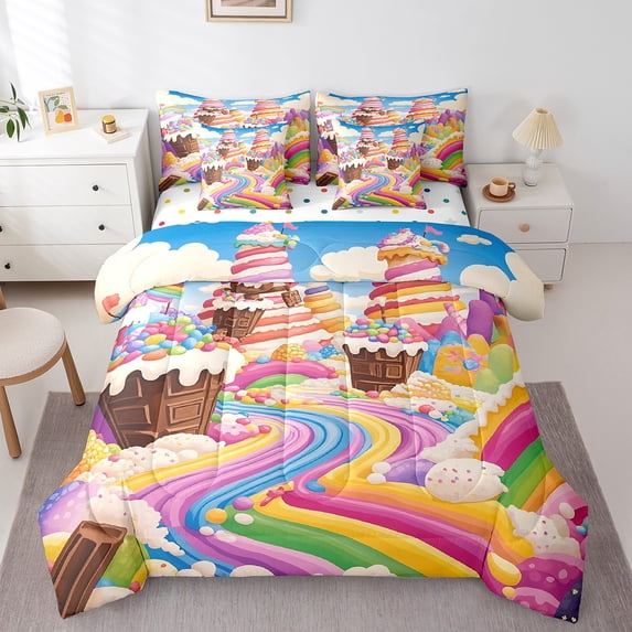 Manfei Rainbow Dessert Bed in a Bag King Size,Sweet Ice Cream Bed Set,Colorful Candy Bedding King Size,Microfiber Room Decoration Reversible,7 Pieces