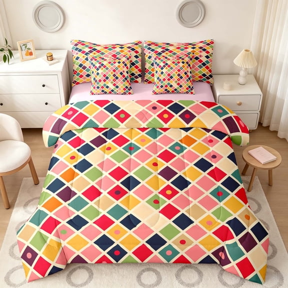 Manfei Rainbow Diamond Twin Bedding, Abstract Geometric Bedding Comforter Set, Pink Reversible 7-Piece