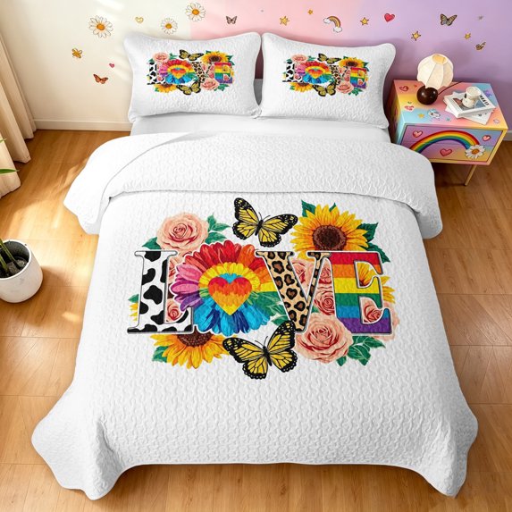 Manfei Rainbow Flower Quilt King, Rustic Groovy Butterfly King Coverlet Set, White Orange, 3-Piece, 1 Bedspread and 2 Pillowcases