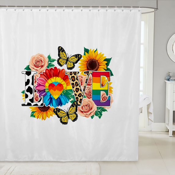 Manfei Rainbow Flower Shower Curtain 72Wx72L, Rustic Groovy Butterfly Bathroom Curtain, White Orange