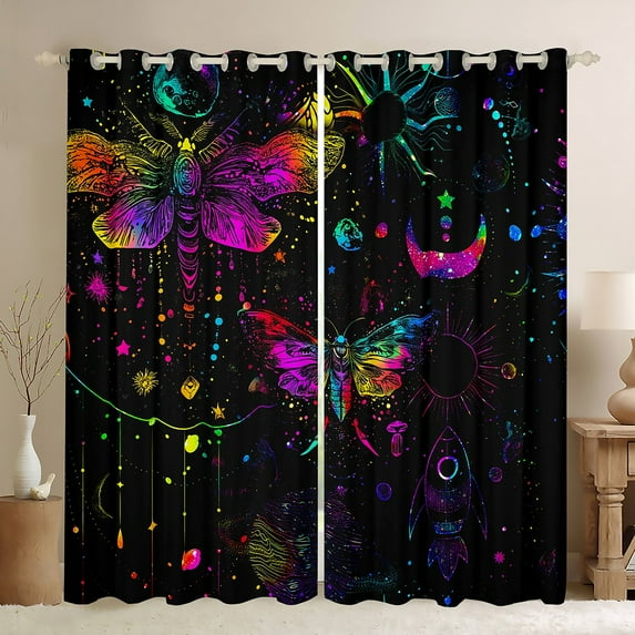 Manfei Rainbow Gradient Moth Blackout Curtains Set of 2 (52x84 Each), Boho Sun and Moon Window Curtains, Psychedelic Cosmos Stars Curtains and Drapes, Luxury Home Decor