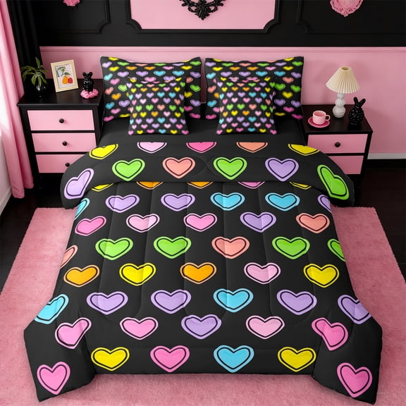 Manfei Rainbow Heart Pattern 7pcs Bedding Comforter Set,Cute Cartoon Print Queen Bedding Sets,Pink Purple Black Queen Sheet Sets For Girls Teens,Microfiber Bedroom Decor Reversible