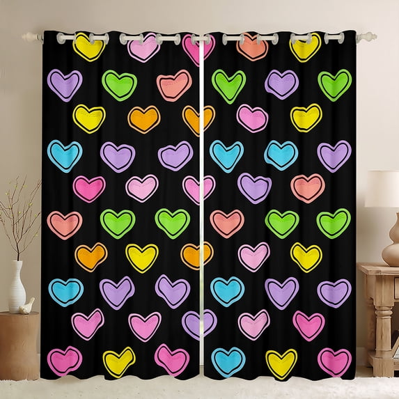 Manfei Rainbow Heart Pattern Curtains Pack of 2 (42x84 Each),Cute Cartoon Print Curtains Blackout,Pink Purple Black Bedroom Curtains For Girls Teens,Microfiber Bedroom Decor