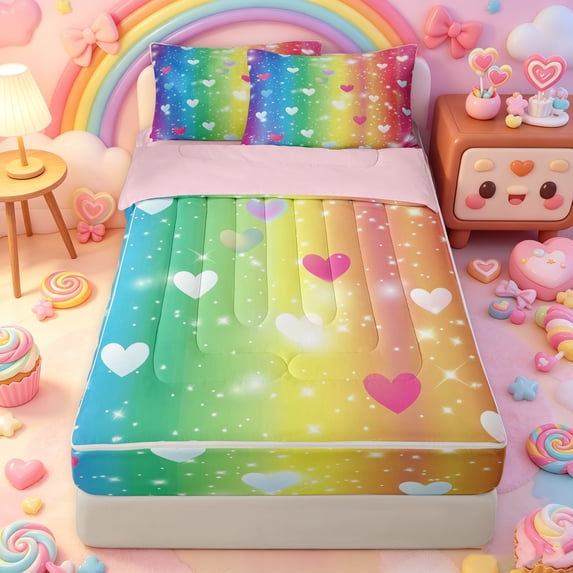 Manfei Rainbow Love Heart Zipper Queen Comforter Set with Fitted Sheet and 2 Pillowcases, Stripe Sparkle Zipper Bedding Set, Yellow Blue, Pink Reversible, 4 Pieces