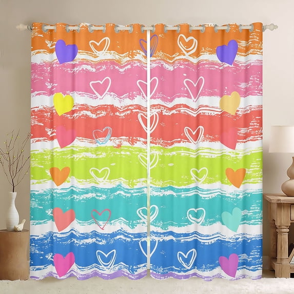 Manfei Rainbow Printing Blackout Curtains, Kawaii Stripe Love Heart Window Curtains Pack of 2 (38x45 Each), Pink Green Blue