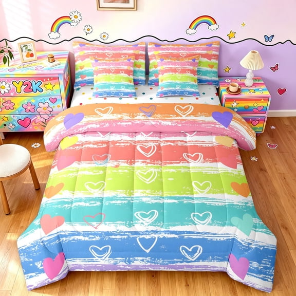 Manfei Rainbow Printing Full Size Bedding Sets, Kawaii Stripe Love Heart Full Size Bed in a Bag, Pink Green Blue, Polkadot Reversible, 7pcs