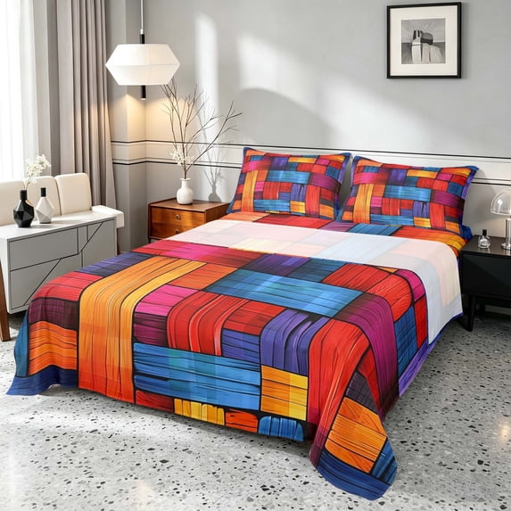 Manfei Rainbow Stripe Bed Sheets, Vintage Geometric Fuul Size Sheets, Multicolor, Black Reversible 4-Piece1 Flat Sheet + 1 Fitted Sheet + 2 Pillowcases