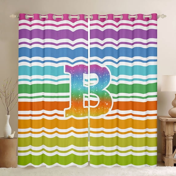 Manfei Rainbow Stripe Monogram Blackout Curtains Set of 2 (52x84 Each), Glitter Letter B Curtain, Multicolor White