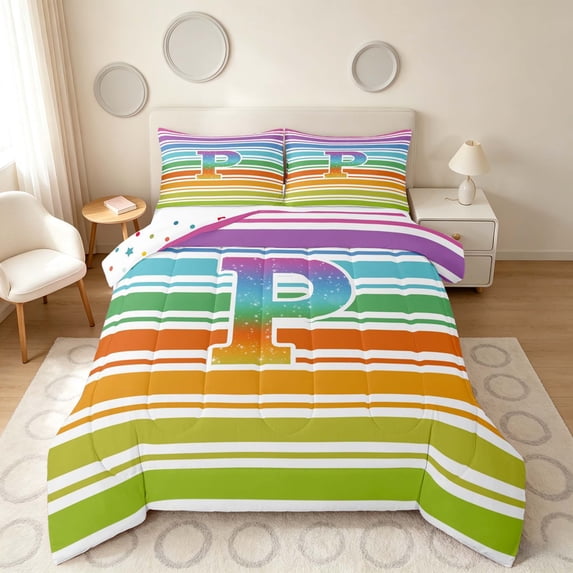 Manfei Rainbow Stripe Monogram Full Size Comforter Sets, Glitter Letter P Bedding Comforter Set, Multicolor White, Polka Dots Reversible 3-Piece, 1 Comforter and 2 Pillowcases