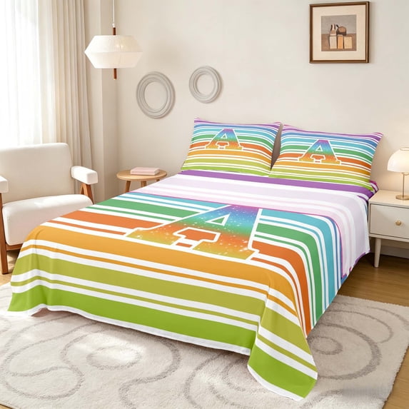 Manfei Rainbow Stripe Monogram Queen Sheets, Glitter Letter A Queen Sheet Sets, Multicolor White, Polka Dots Reversible 4 Pieces1 Flat Sheet + 1 Fitted Sheet + 2 Pillowcases