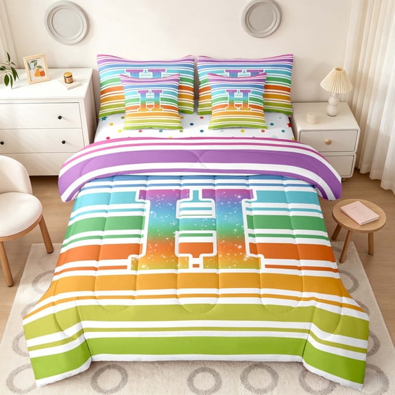 Manfei Rainbow Stripe Monogram Twin Bedding, Glitter Letter H Bedding Comforter Set, Multicolor White, Polka Dots Reversible 7 Pieces
