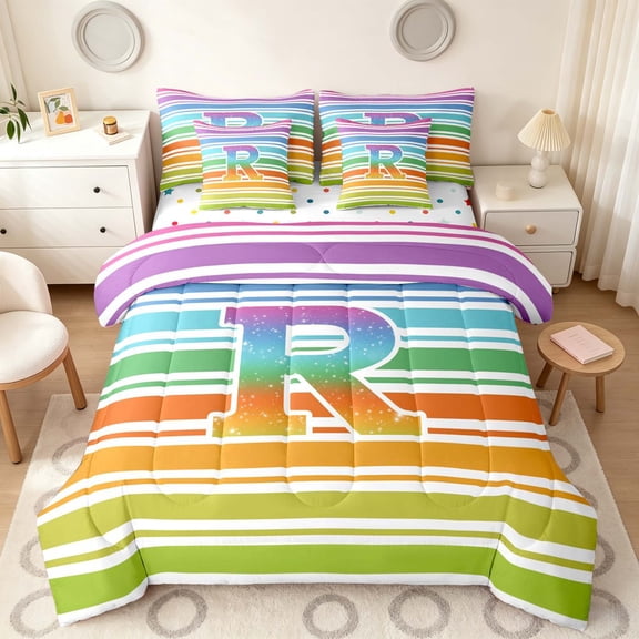 Manfei Rainbow Stripe Monogram Twin Bedding, Glitter Letter R Bedding Comforter Set, Multicolor White, Polka Dots Reversible 7 Pieces