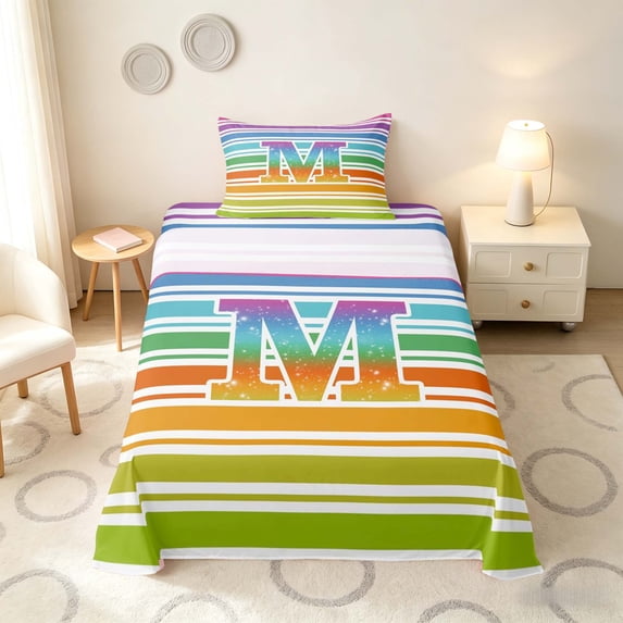 Manfei Rainbow Stripe Monogram Twin Sheets, Glitter Letter M Bedding, Multicolor White, Polka Dots Reversible 3 Pieces1 Flat Sheet + 1 Fitted Sheet + 1 Pillowcase