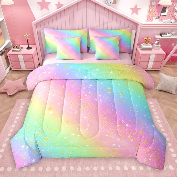 Manfei Rainbow Stripes 7 Pieces Bedding Comforter Set,Gold Glitter Print Full Bedding Set,Multicolor Aesthetic Fitted Sheet Flat Sheet For Girls Kids,Luxury Bedroom Decor Reversible
