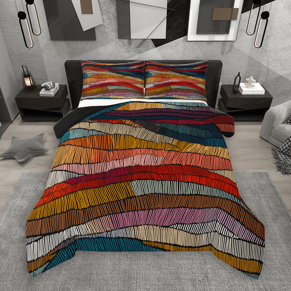 Manfei Rainbow Stripes Full Size Comforter Sets 3-Piece, Contemporary Abstract Bedding Comforter Set, Wave Lines Bedding Sets, Super Cozy Room Decor