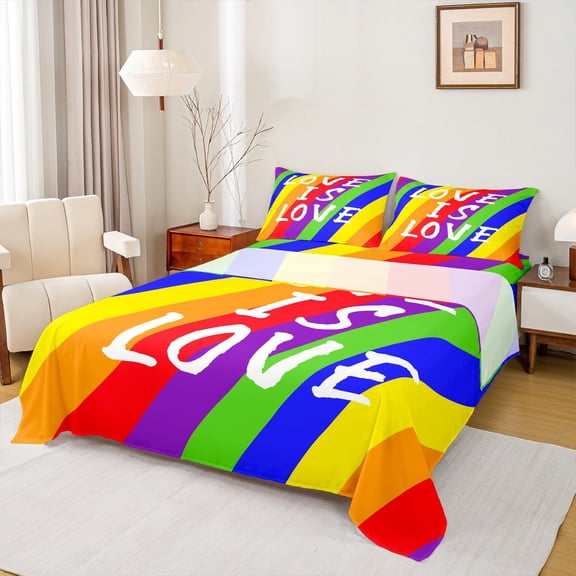 Manfei Rainbow Stripes Geometric Bed Sheets, Cartoon Style King Sheets, Love Is Love Sheet Set, Super Cozy Room Decor, 4-Piece