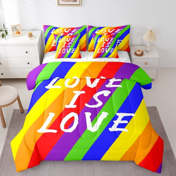 Manfei Rainbow Stripes Geometric Bedding Comforter Set 7 Pieces, Cartoon Style Full Bedding Set, Love Is Love Fitted Sheet Flat Sheet, Super Cozy Room Decor