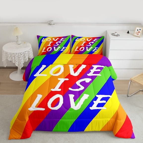 Manfei Rainbow Stripes Geometric Queen Comforter Set, Cartoon Style Bedding Comforter Set, Love Is Love Bedding Set, Super Cozy Room Decor, 3-Piece
