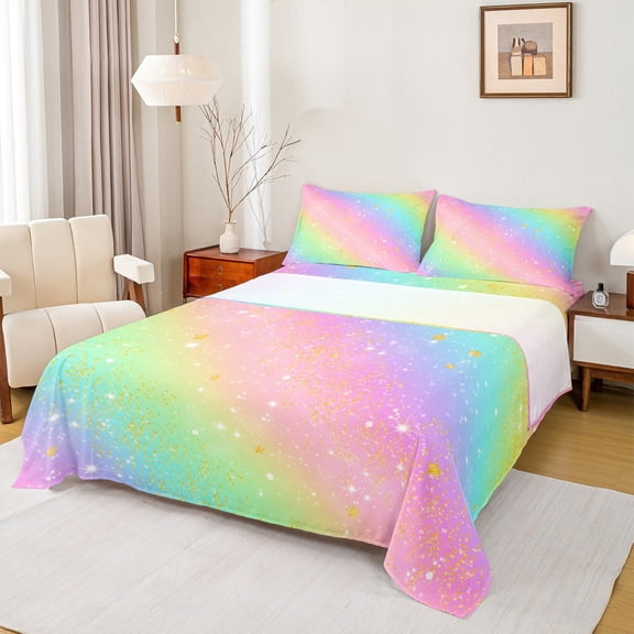 Manfei Rainbow Stripes Queen Sheet Sets,Gold Glitter Print Flat Sheet,Multicolor Aesthetic Queen Fitted Sheet For Girls Kids,Luxury Bedroom Decor,4pcs