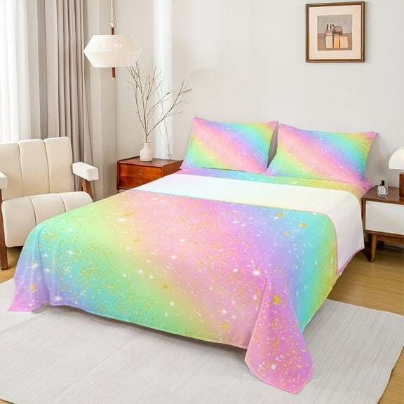 Manfei Rainbow Stripes Twin Sheet Sets,Gold Glitter Print Twin Fitted Sheet,Multicolor Aesthetic Flat Sheet For Girls Kids,Luxury Bedroom Decor,3-Piece