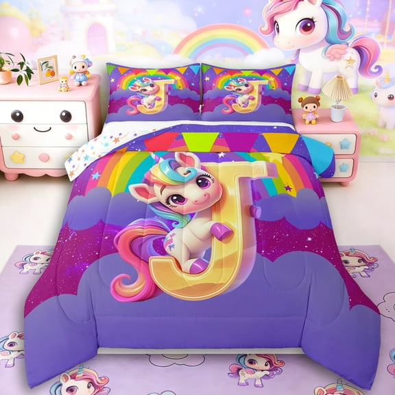 Manfei Rainbow Unicorn 2pcs Bedding Comforter Set,Galaxy Stars Twin Comforter Sets,Monogrammed Letter Breathable Bedding Set,Lightweight Girls Bedroom Decor,Reversible