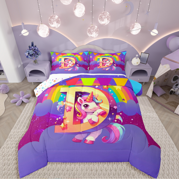 Manfei Rainbow Unicorn 3 Pieces Queen Comforter Set,Galaxy Stars Ultra Soft Bedding Sets,Monogrammed Letter Bedding Comforter Set,Lightweight Girls Bedroom Decor,Reversible