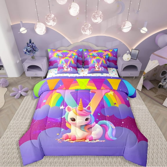 Manfei Rainbow Unicorn 7-Piece Twin Bedding Sets,Galaxy Stars Bedding Comforter Set,Monogrammed Letter Breathable Sheet Sets,Lightweight Girls Bedroom Decor,Reversible