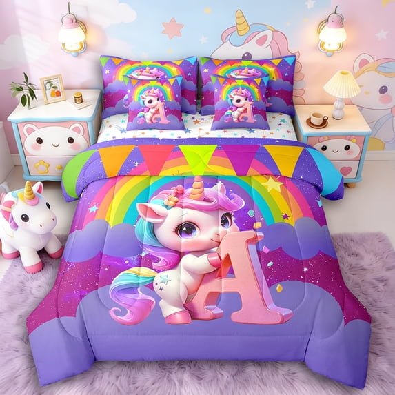Manfei Rainbow Unicorn 7-Piece Twin Bedding Sets,Galaxy Stars Bedding Comforter Set,Monogrammed Letter Breathable Sheet Sets,Lightweight Girls Bedroom Decor,Reversible