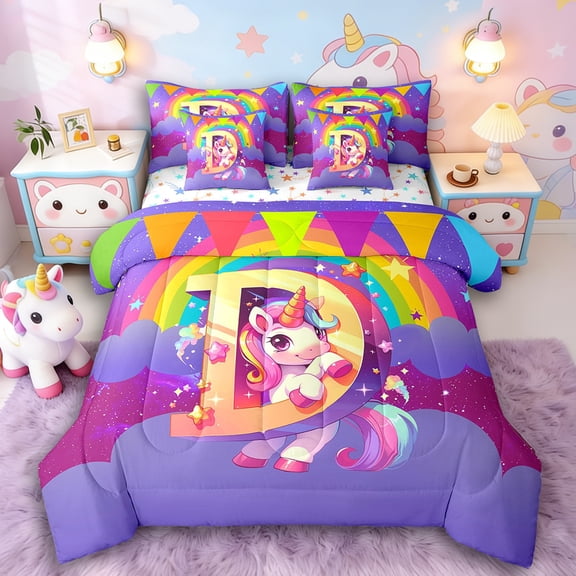 Manfei Rainbow Unicorn 7 Pieces Bedding Comforter Set,Galaxy Stars Full Bedding Set Lightweight,Monogrammed Letter Fitted Sheet Flat Sheet,Lightweight Girls Bedroom Decor,Reversible