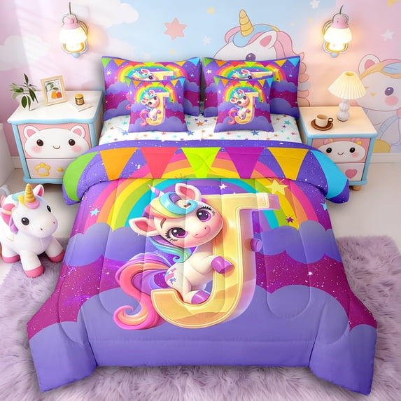 Manfei Rainbow Unicorn 7 Pieces Bedding Comforter Set,Galaxy Stars Full Bedding Set Lightweight,Monogrammed Letter Fitted Sheet Flat Sheet,Lightweight Girls Bedroom Decor,Reversible