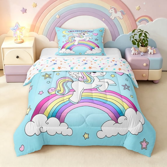 Manfei Rainbow Unicorn Twin Comforter Sets, Cartoon Magic Animal Bedding Set, Blue, Stars Reversible, 2pcs, 1 Comforter and 1 Pillowcase