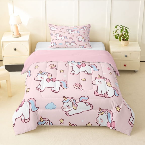 Manfei Rainbow Unicorn Twin Comforter Sets,Kawaii Cloud Bedding Set,Pink,Pink Reversible,2-Piece,1 Comforter and 1 Pillowcase